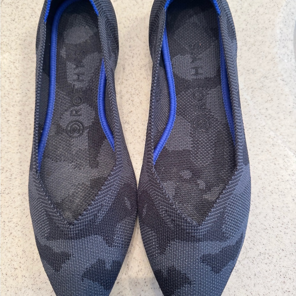 Rothy's Gray and Black Flats with Blue Trim
